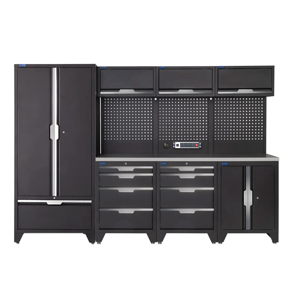 SGS 10pc Modular Garage Storage | 8 Drawers | Stainless Steel Worktop | Tall Double Cabinet with Drawer | Floor Cabinet | 3x Upper Cabinets | Pegboard with Power Strip
